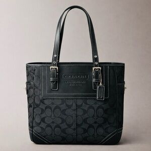 Vintage COACH Legacy Signature Black Canvas/Leather Medium Tote Bag - Turnlock